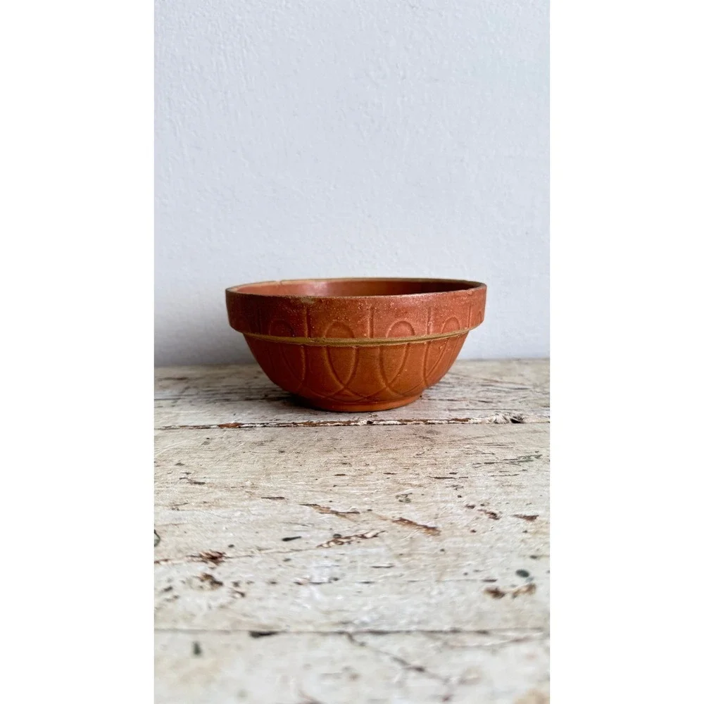 Vintage Oven Ware #5 Terracotta Mixing Bowl USA Embossed Geometric 6